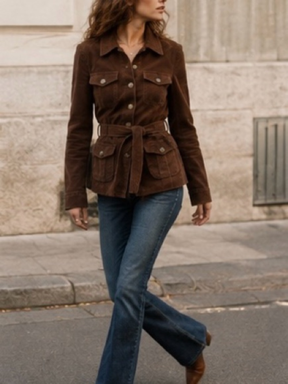 Split Y2K Corduroy Belted Safari Utility Jacket Brown S